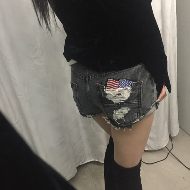 Vintage 고스펑크 갸루 성조기 데미지 흑청 로우 핫팬츠