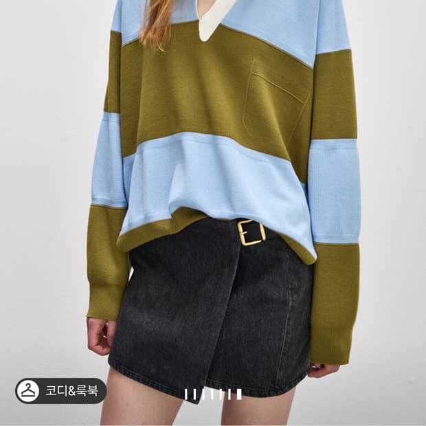 한섬 시스템 SYSTEM 스트라이프 노치넥 니트(럭비티)