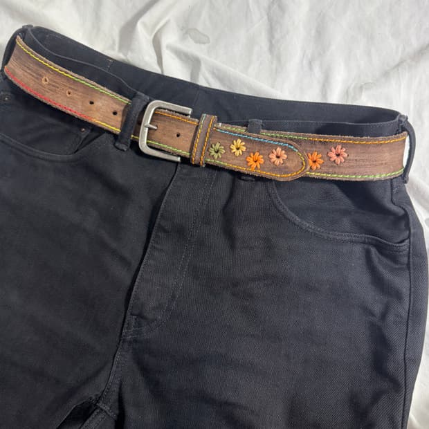 빈티지 핸드메이드 멀티컬러 스티치 플라워 레더 벨트 보헤미안 웨스턴