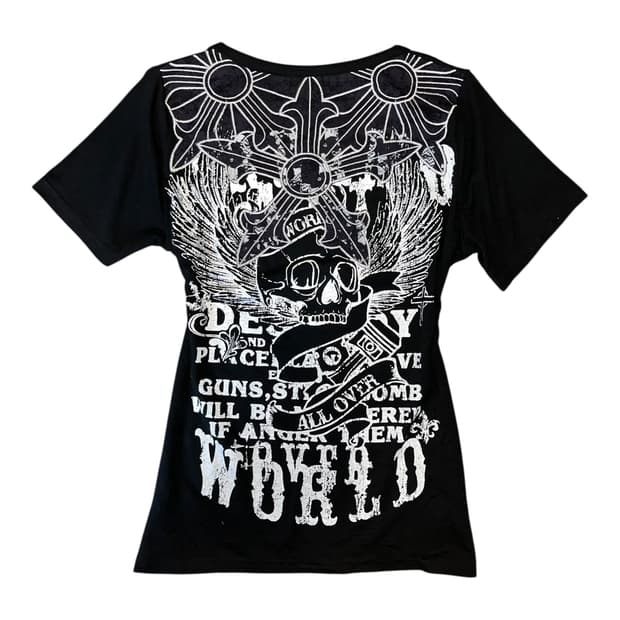 M.K.R 엠케이알 십자 자수 장미레이스 프린팅 반팔티 펑크y2k갸루