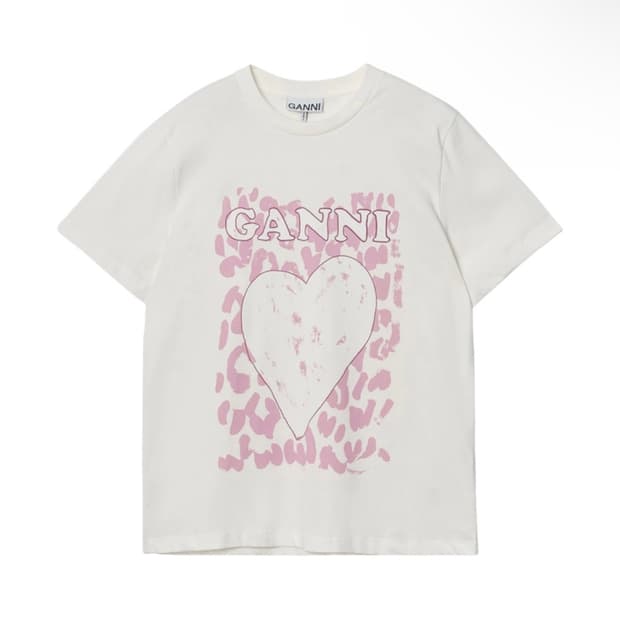 ganni 가니 핑크 레오파드 하트 티셔츠 아이보리 xs