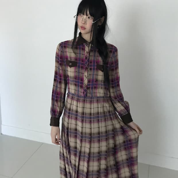 Check collar gold button shirts dress
