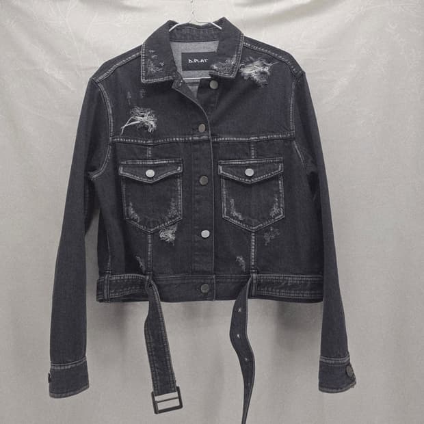 D.PLAT 데님 크롭 자켓 벨트 데미지 블랙