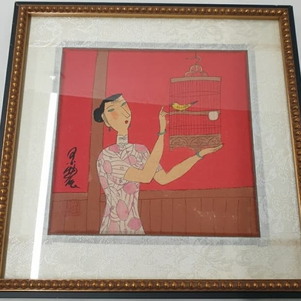 동양엔틱~중국 현대 미술의 그림 작품 사녀도 인쇄 그림 액자 골동 새와여