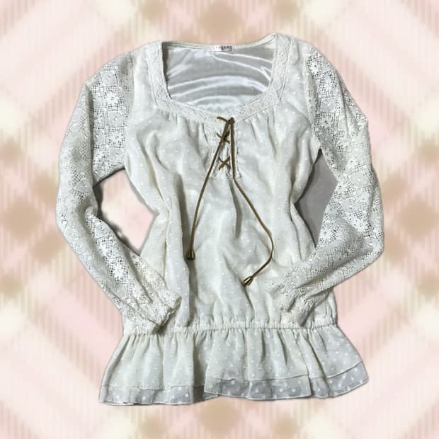 화이트 도트 땡땡이 레이스 블라우스 라떼 히메 갸루 러블리 로걀 빈티지