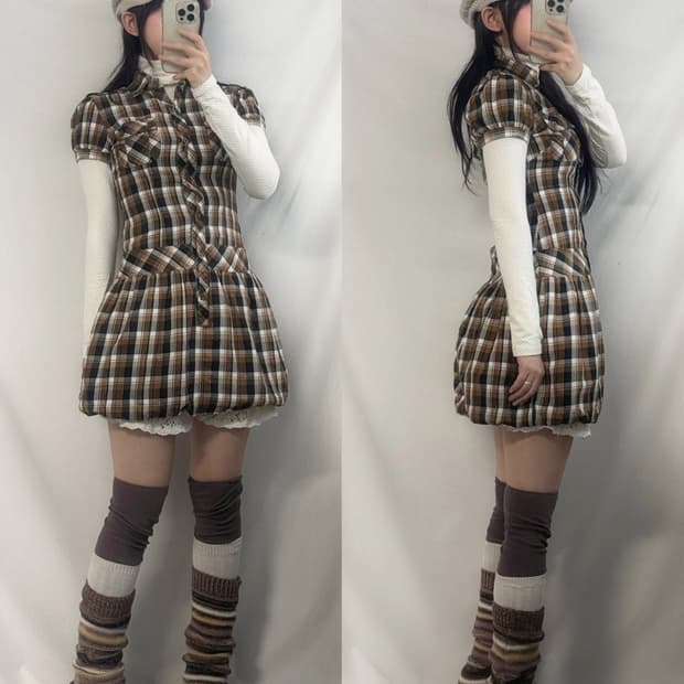 체크 패턴 퍼프 디테일 도트 폴라 원피스 2pcs SET 