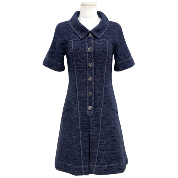 샤넬 트위드 CC 단추 반팔 미디 원피스