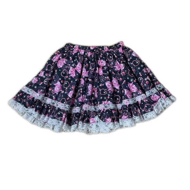 리본 큐빅 패턴 프릴 스커트 빈티지 갸루 