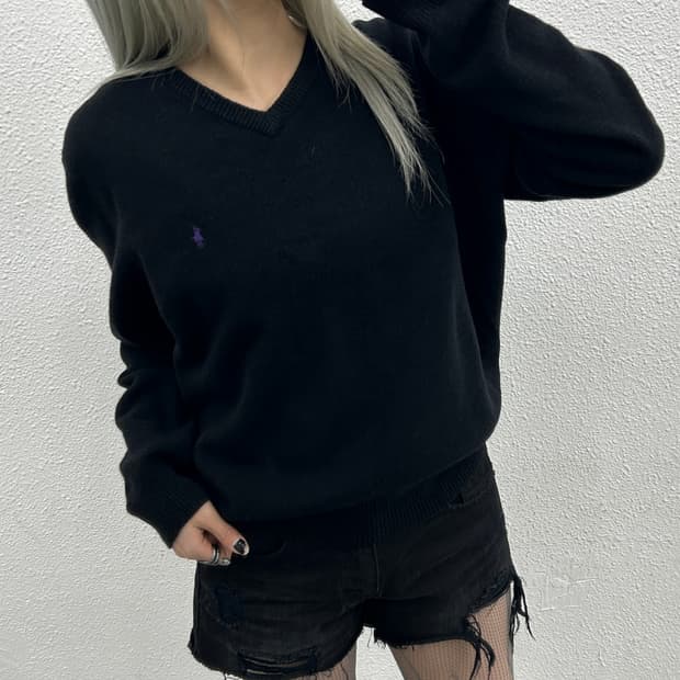 폴로 랄프로렌 퍼플포니 블랙 브이넥 니트 XL