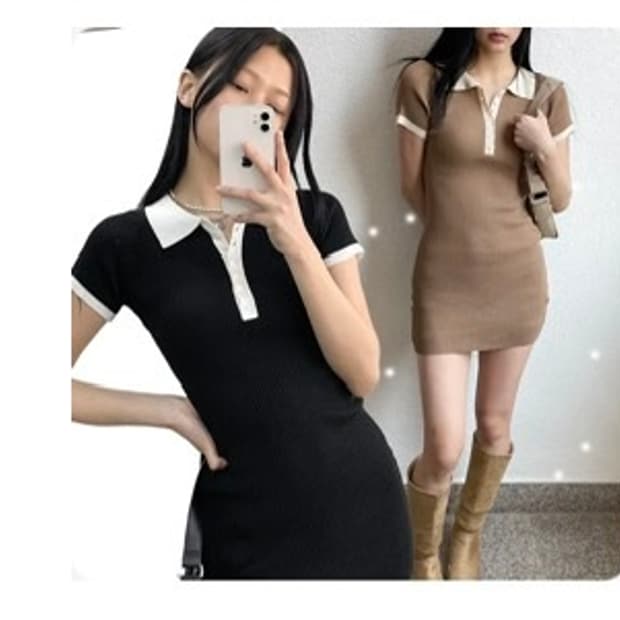 반팔 블랙 골지 카라 원피스 아쿠비클럽