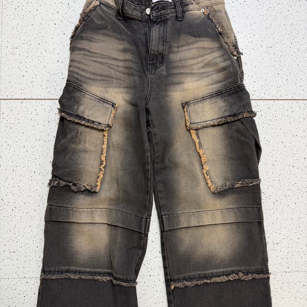 테슬 그라데이션 워싱 와이드 카고 팬츠 데님 팬츠