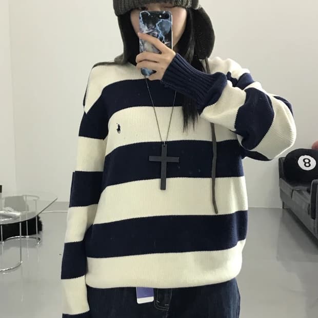 폴로랄프로렌 베이지 스트라이프 니트