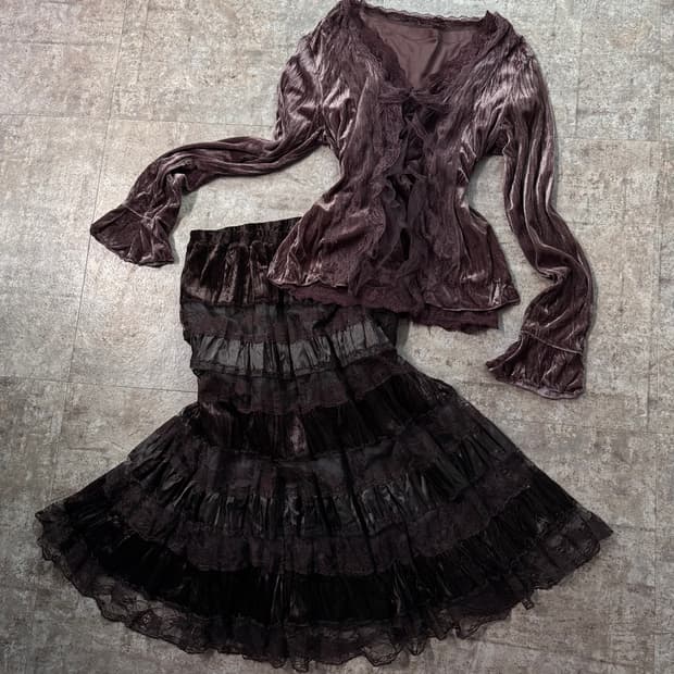 벨벳 레이스 투피스 패치 롱 스커트 3pcs SET