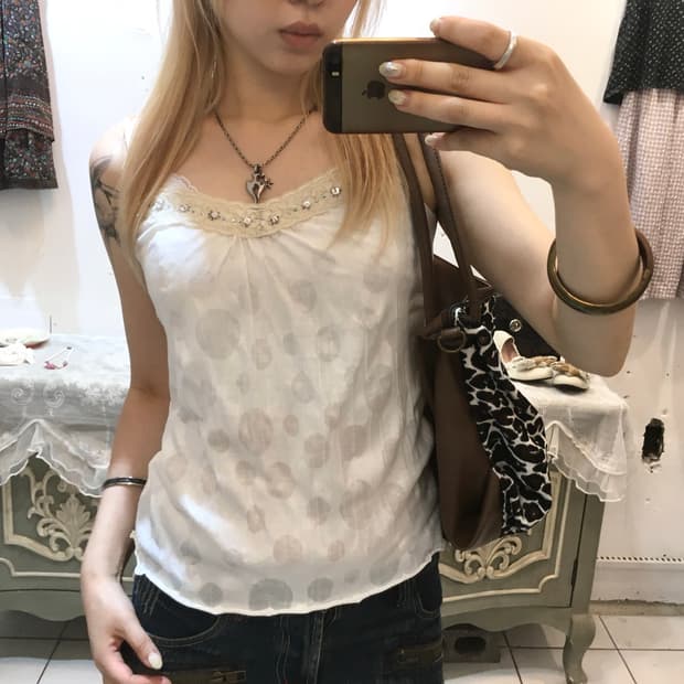 jpn vintage 아이보리 레이스 도트 슬리브리스