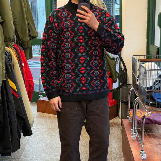 90s L.L.Bean 아즈텍 패턴 울 모크넥 니트 [ 66-77 ]