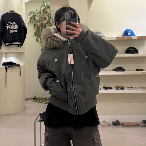 빈티지 퍼 후드 숏 패딩 점퍼 카키 