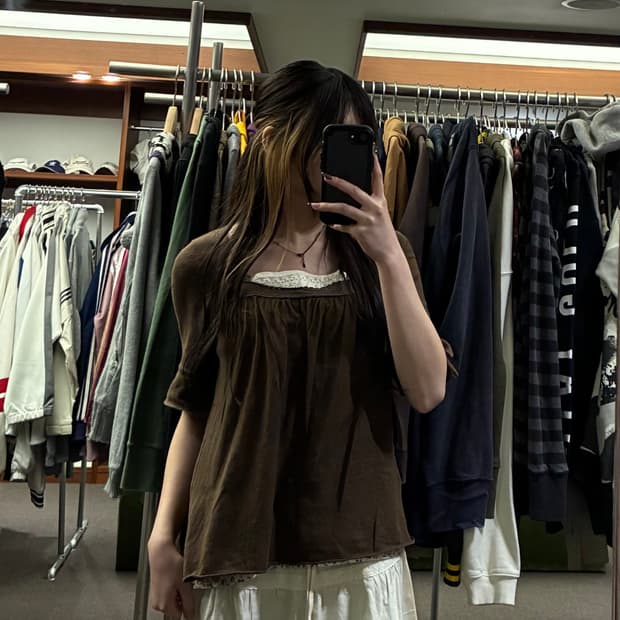 M)Japanese vintage 여성 보트넥 레이스 디테일 브라운 7부