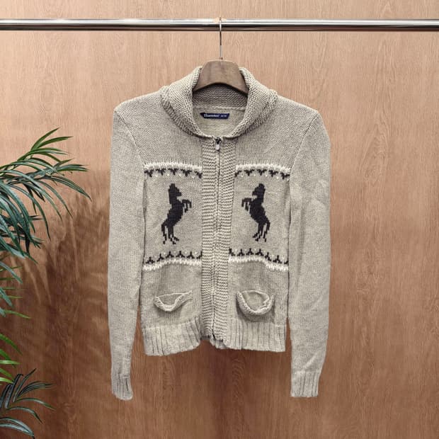 블루노트 니트 집업 가디건 말 자카드 패턴 디테일 레귤러핏 그레이