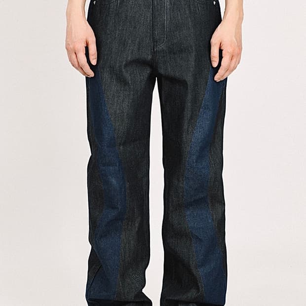 피지컬 에듀케이션 디파트먼트 커브드진 블루 블랙 배색 절개 와이드 데님