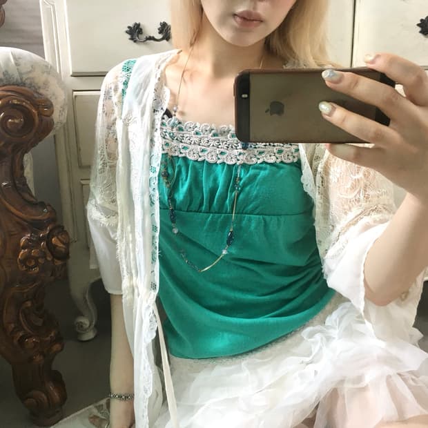jpn vintage 민트 그린 레이스 슬리브리스