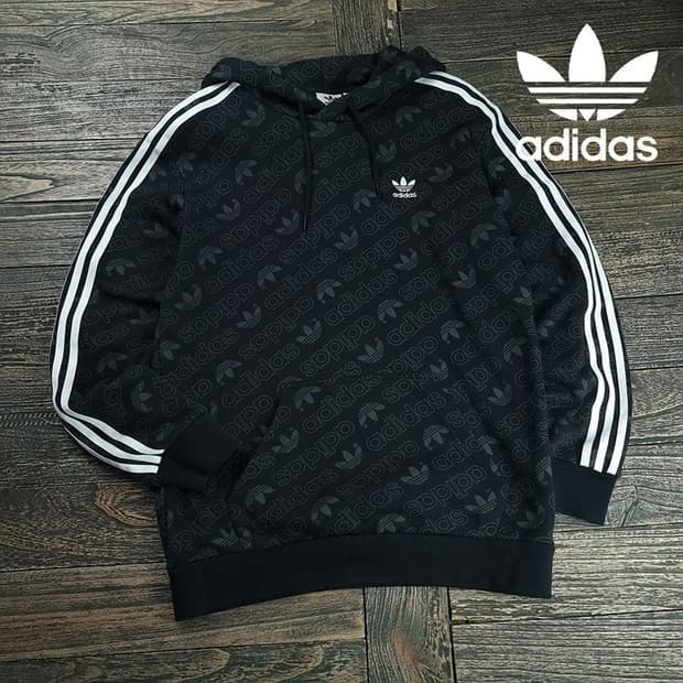 [아디다스] 멀티 패턴 삼선 후드티 블랙 M19371