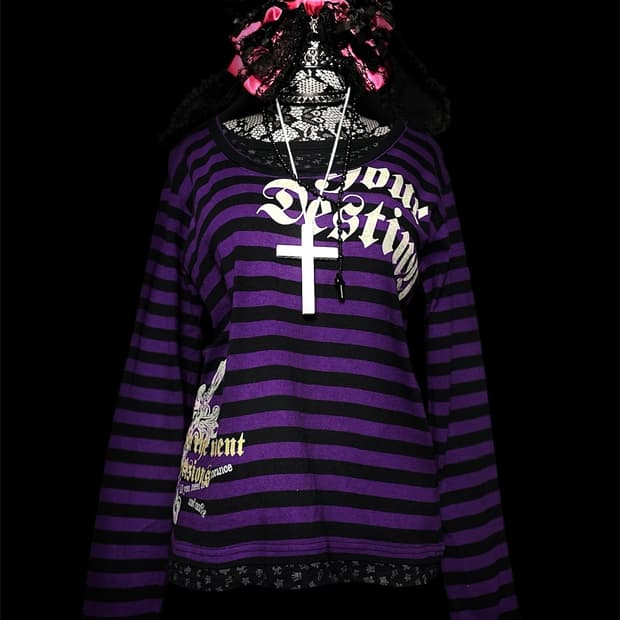 JPN 보라 줄무늬 스트라이프 레터링 펑크 롱슬리브