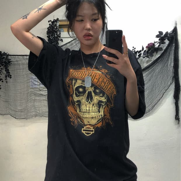 할리데이비슨 해골 레터링 프린팅 반팔 탑