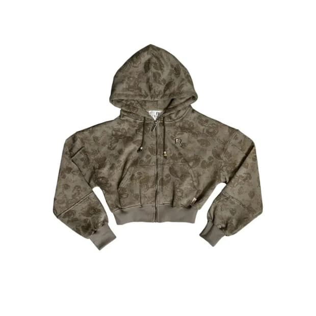 뉴얼린 플라워 비즈 엠블럼 후드집업 카키브라운