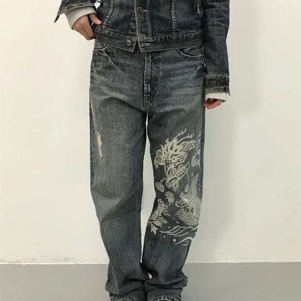 JPN Oriental Graphic Print Denim Pants