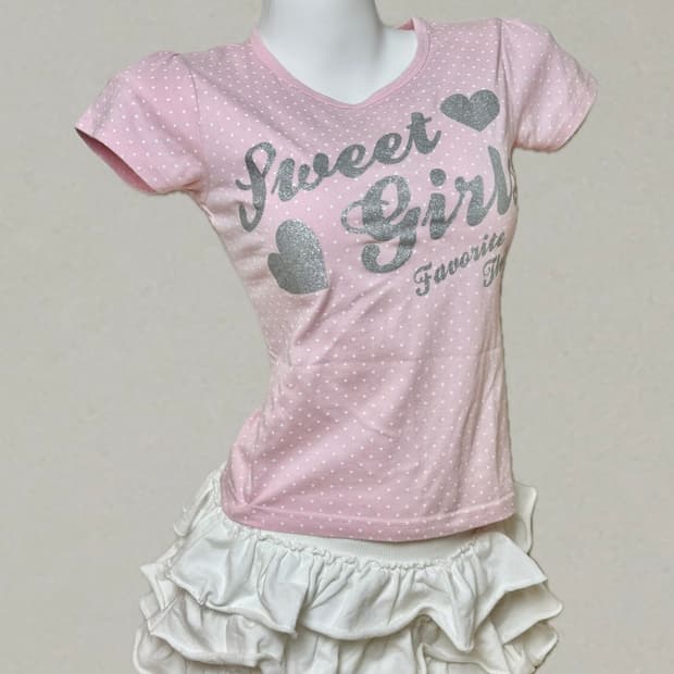 헤이세이 핑크 도트 실버글리터 레터링 T 히메갸루 반팔티셔츠