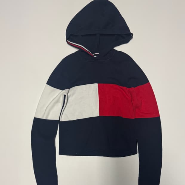 여성 타미힐피거 컬러블록 스판 코튼 니트 크롭 후드티 Xs