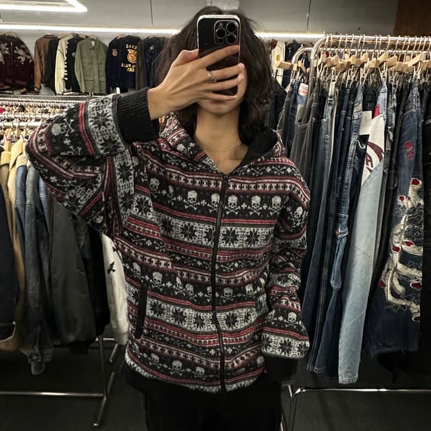 4L)TimeStep 일본 빈티지 스컬 노르딕 패턴 플리스 니트 후드집업