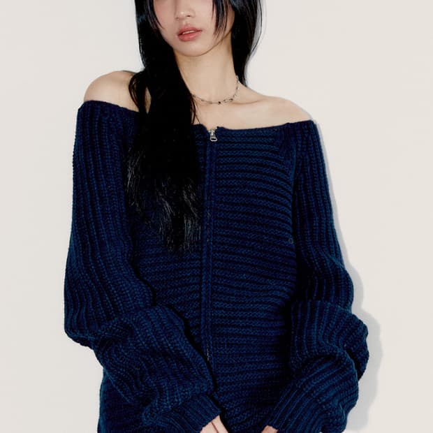 oafish 오피쉬 오프숄더 니트 집업 네이비