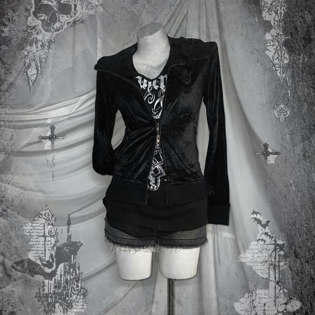 무채색 데일리펑크 해골자수 벨벳집업 코디세트 