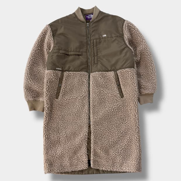 노스페이스 퍼플라벨 루즈핏 울 보아 카키 고어텍스 플리스 롱 자켓