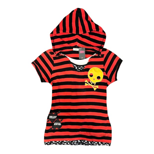 해골패치자수 레이어드 단가라 후드 반팔티 펑크키치y2k