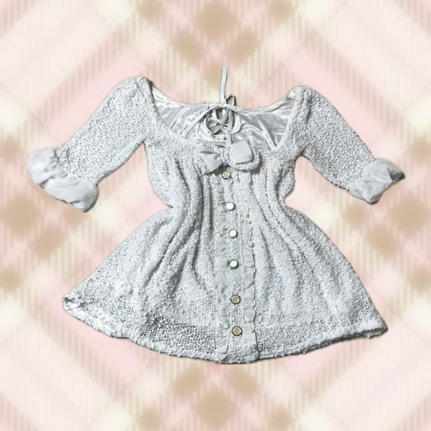 고전 리즈리사 화이트 리본 니트 블라우스 라떼 히메 갸루 러블리 로걀