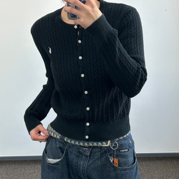 Polo  폴로 화이트 포니 블랙 케이블 니트 가디건