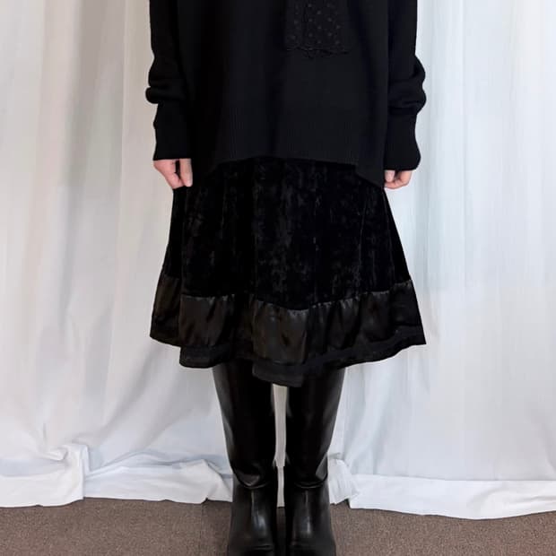 Velvet Lace Hem Midi Skirt - Black
