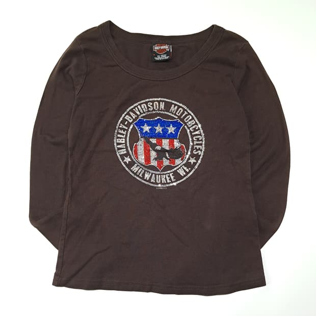 CL570 M 할리데이비슨 00s 라인스톤 다크브라운 이글 티셔츠
