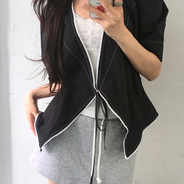 GANNI 가니 스티치 레이스 파플린 랩 블라우스