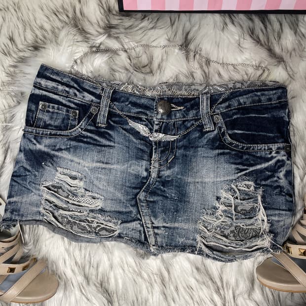 빈티지 데미지 로우라이즈 데님 스커트