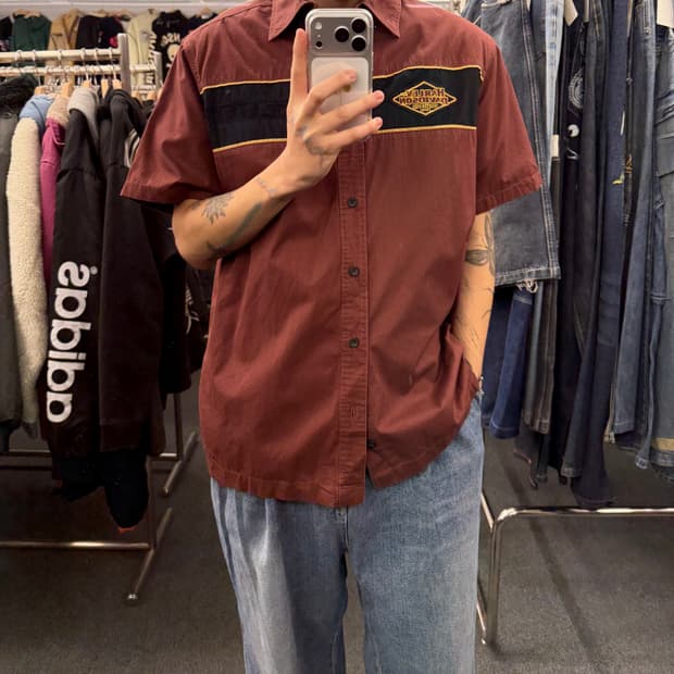 L)할리데이비슨 120주년 vintage 버건디 메카닉 반팔셔츠