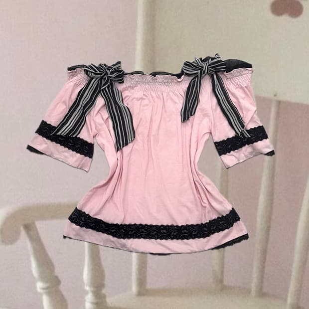 핑크믹스왕리본탑오네히메갸루오프숄더로걀탑빈티지진리리즈리사핀터짜잔씨엑시즈팜