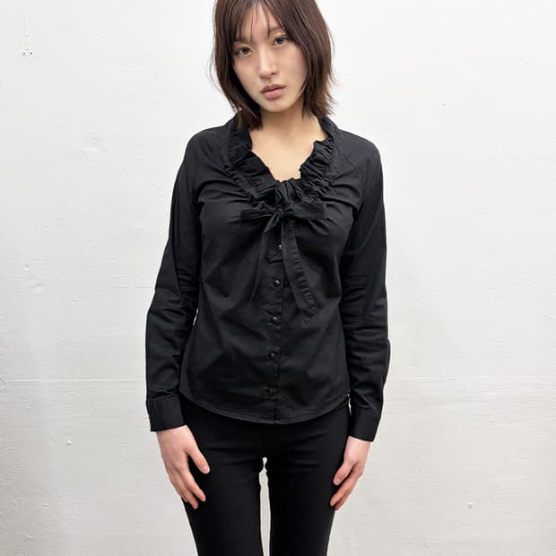 빈티지 러플 보우-타이 셔츠