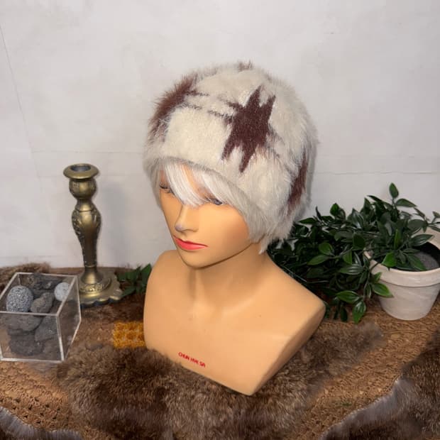 Ivory brown check angora beanie 