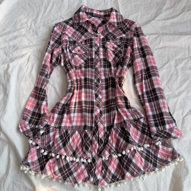 모카라떼 갸루 러블리 체크 폼폼 셔츠 원피스