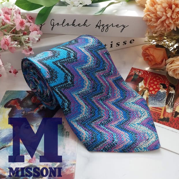 미쏘니 실크 블루 멀티 패턴 넥타이 9.6cm S등급 K1423
