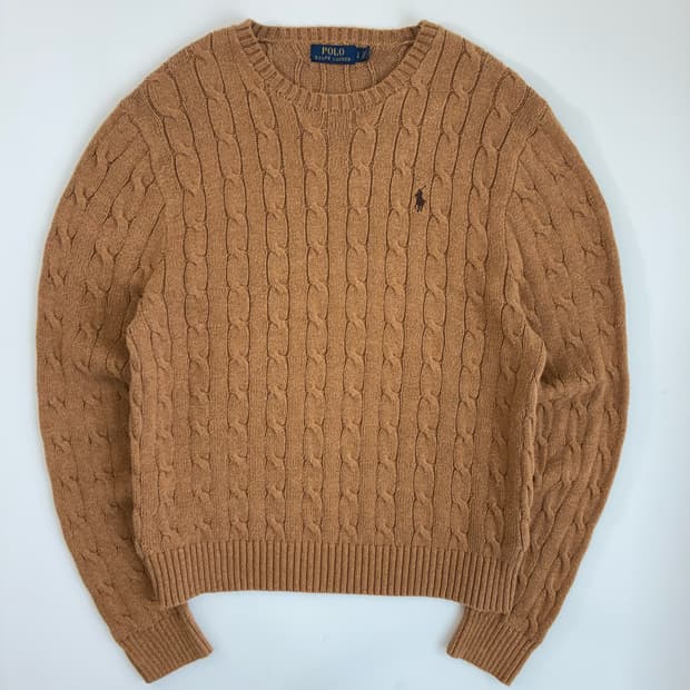 Polo  폴로 랄프로렌 자수 코튼 라이트브라운 꽈배기 니트 