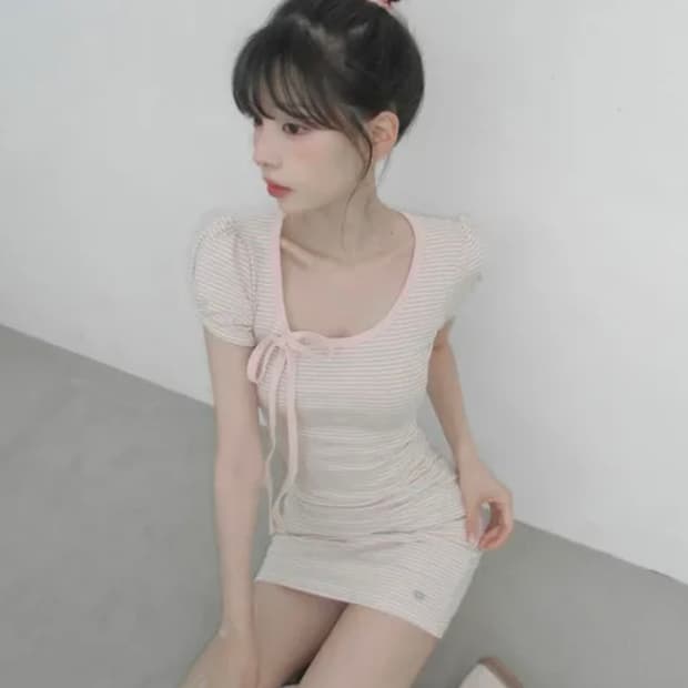 잔느 스트라이프 리본 미니 원피스 핑크 M
